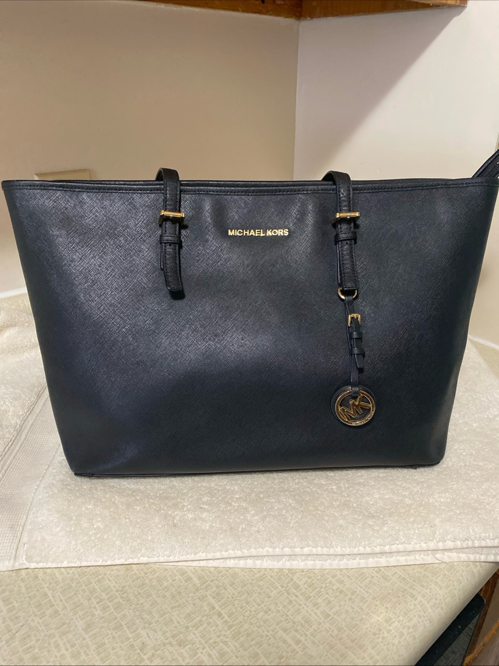 Michael Kors Black Saffiano Leather Tote with Gold Accent